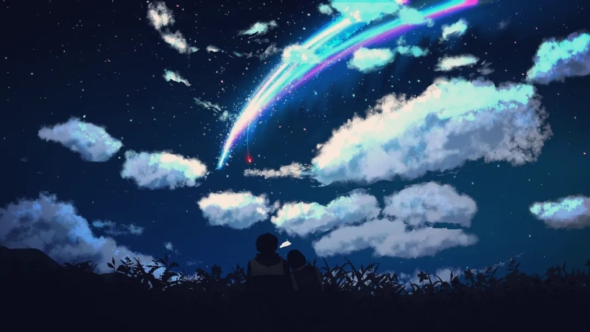 1boy 1girl cloud comet commentary couple from_behind kimi_no_na_wa. leaning_on_person meeu0biss miyamizu_mitsuha night night_sky outdoors plant scenery school_uniform shirt short_hair sitting sky star_(sky) starry_sky tachibana_taki vest white_shirt
