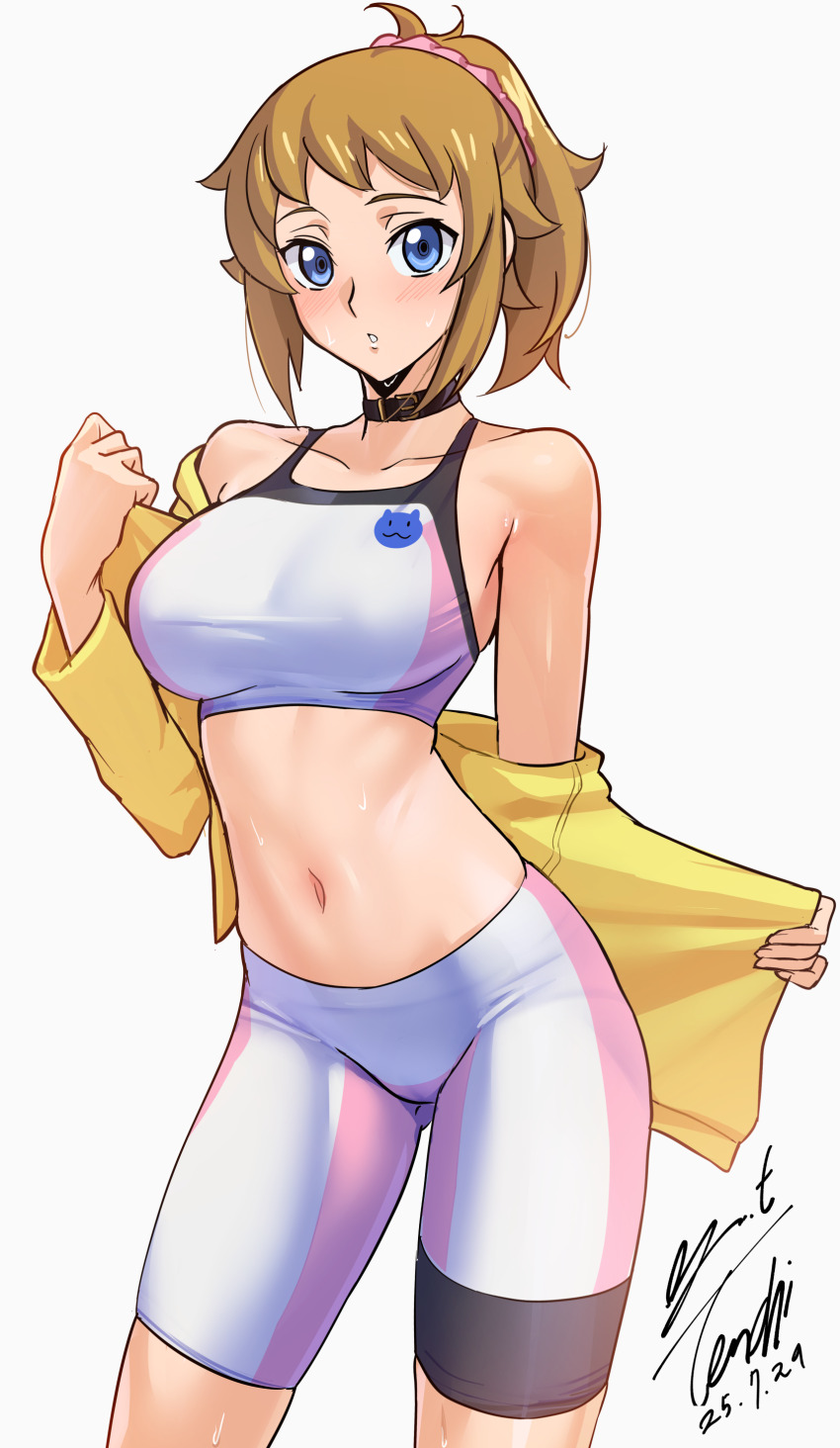 1girl absurdres bare_shoulders bike_shorts black_choker blue_eyes blush breasts brown_hair choker collarbone commentary dated gundam gundam_build_fighters gundam_build_fighters_try hair_between_eyes hair_ornament hair_scrunchie highres hoshino_fumina jacket large_breasts long_hair long_sleeves looking_at_viewer midriff navel off_shoulder open_clothes open_jacket parted_lips pink_scrunchie pink_shorts pink_sports_bra ponytail revision scrunchie shorts sidelocks signature simple_background solo sports_bra standing sweat two-tone_shorts two-tone_sports_bra white_background white_shorts white_sports_bra yellow_jacket yoo_tenchi