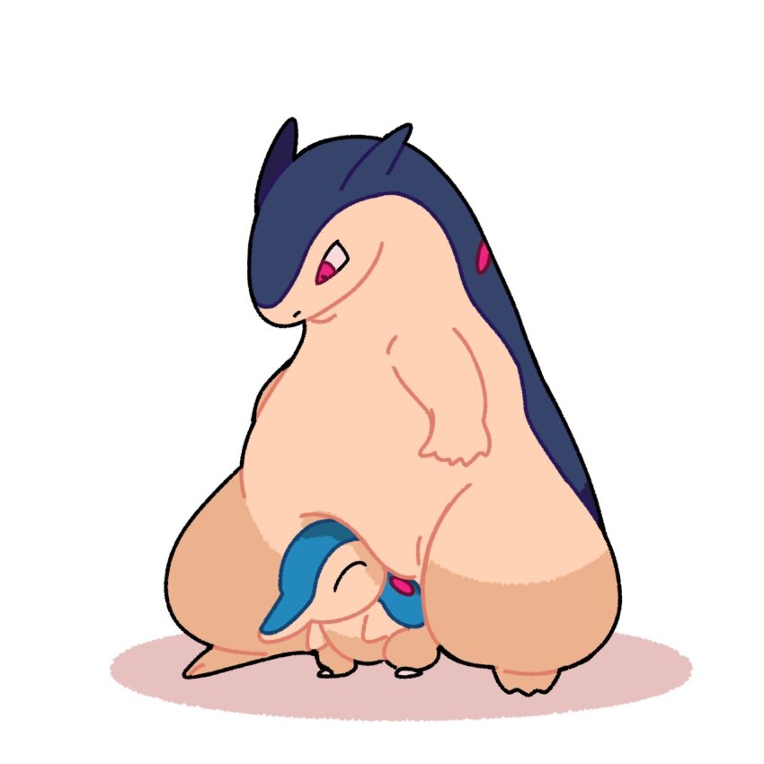 badger badger_ears belly cyndaquil gen_2_pokemon highres looking_down lying nintendo no_humans nose_poke000 on_stomach pear_shaped_figure pokemon pokemon_(creature) size_difference tall typhlosion