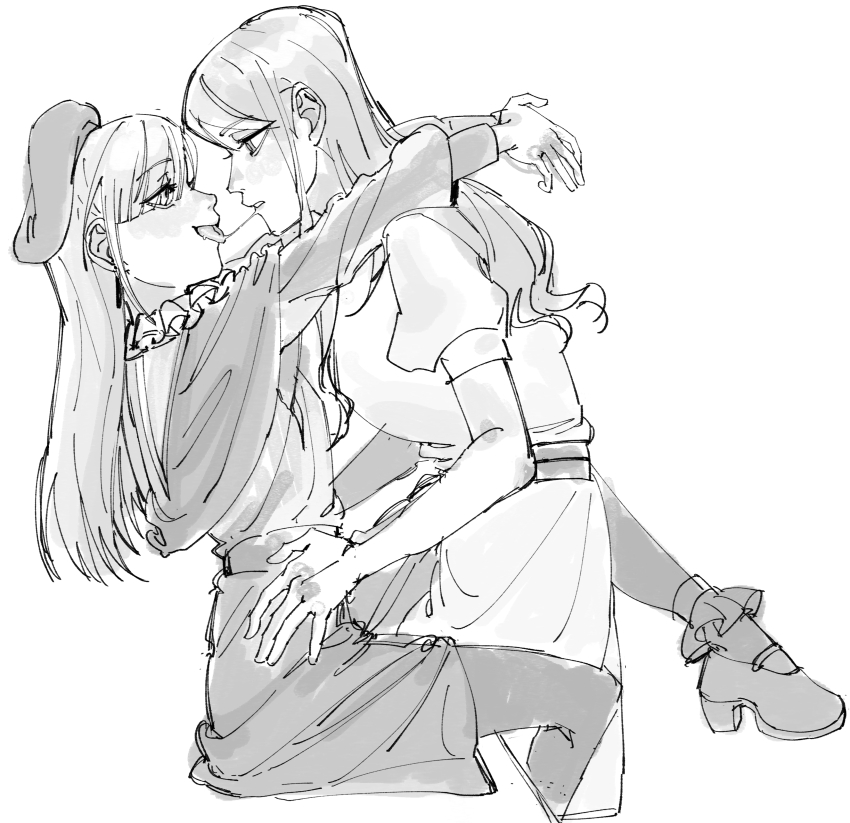 2girls absurdres after_kiss arms_around_neck bang_dream! bang_dream!_it&#039;s_mygo!!!!! capelet commentary dress earrings eye_contact greyscale hand_on_another&#039;s_waist hat high_heels highres jewelry kokutouemmm long_hair long_sleeves looking_at_another monochrome mortis_(bang_dream!) mortis_(costume)_(bang_dream!) mortis_(persona)_(bang_dream!) multiple_girls nagasaki_soyo pantyhose parted_lips saliva saliva_trail short_sleeves symbol-only_commentary tongue tongue_out wakaba_mutsumi yuri