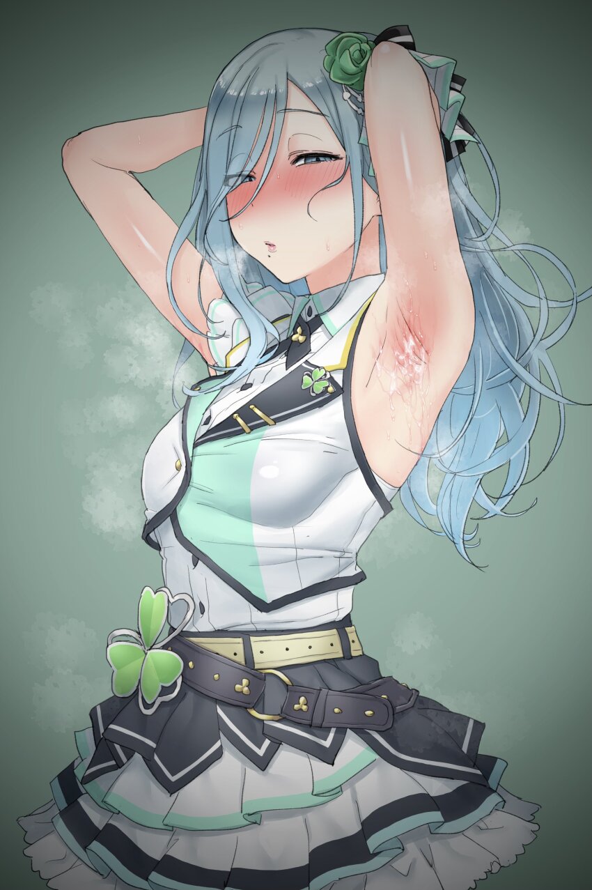 1girl absurdres akkgsyk armpit_focus armpits arms_behind_head blue_eyes blue_hair blush breasts clover cowboy_shot cum cum_on_armpits cum_on_body frilled_skirt frills gradient_background green_background hair_between_eyes hair_ornament hair_over_one_eye half-closed_eyes heavy_breathing highres hinomori_shizuku idol idol_clothes light_blue_hair long_hair looking_at_viewer miniskirt mole mole_under_mouth multicolored_skirt parted_lips pleated_skirt project_sekai shiny_skin sidelocks skirt sleeveless small_breasts solo standing steaming_body