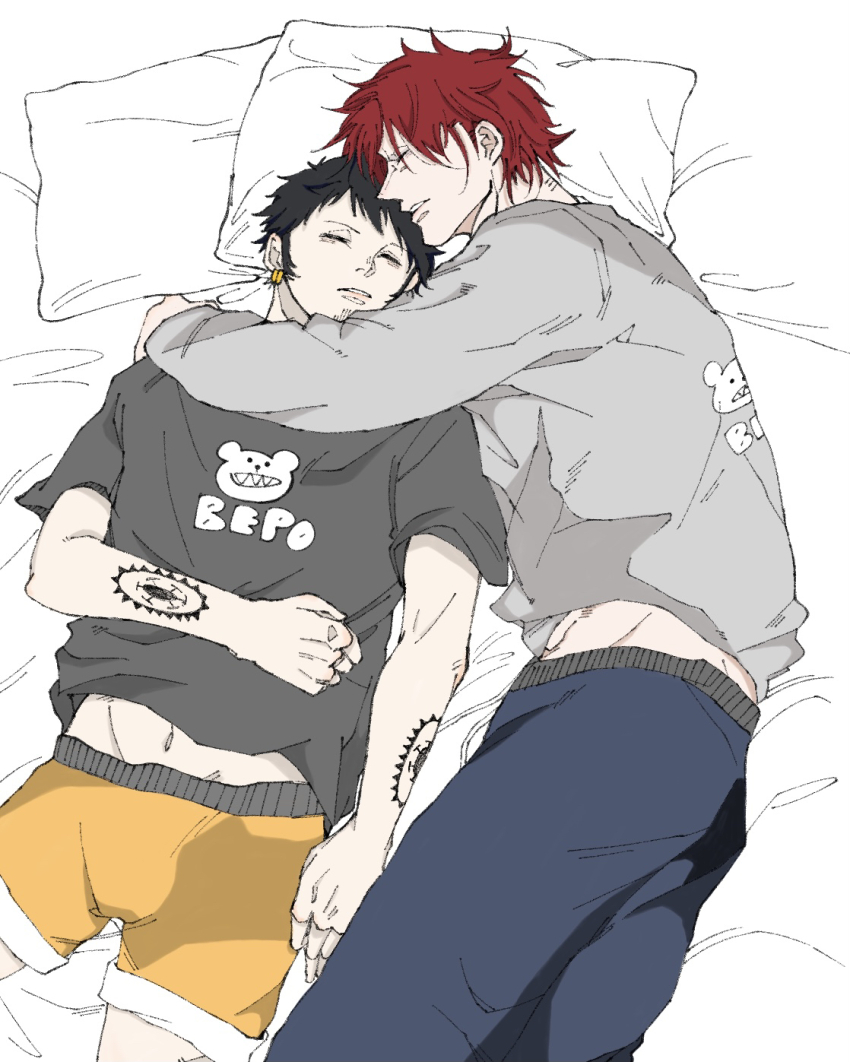 2boys arm_across_chest arm_tattoo arms_around_neck bear bepo_(one_piece) black_hair black_shirt blue_pants character_name closed_eyes commentary_request couple earrings eustass_kid facial_hair feet_out_of_frame goatee grey_sweater groin hair_between_eyes hair_down highres hoop_earrings jewelry long_sleeves lying male_focus male_underwear midriff multiple_boys multiple_earrings multiple_tattoos navel on_back on_bed on_side one_piece pants parted_lips piercing pillow red_hair shirt sleeping sweater sweatpants t-shirt tattoo trafalgar_law underwear user_vcjd3883 yaoi yellow_male_underwear