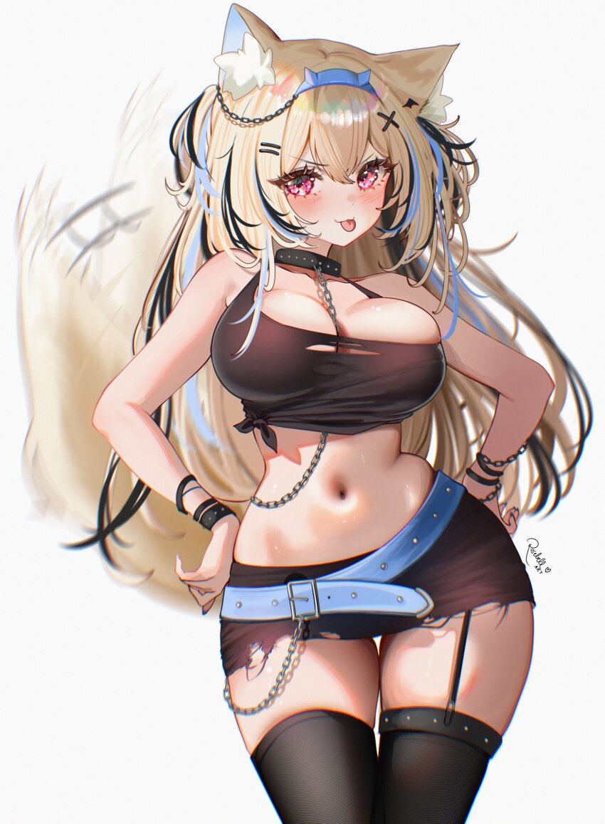 1girl animal_ear_fluff animal_ears bare_shoulders belt black_hair black_skirt black_tank_top black_thighhighs blonde_hair blue_belt blue_hair blush breasts cleavage collarbone cowboy_shot crop_top dog_ears dog_girl dog_tail fuwawa_abyssgard garter_straps goth_fashion hands_on_own_hips highres hololive hololive_english large_breasts miniskirt multicolored_hair navel pink_eyes rosebell simple_background skirt solo streaked_hair tail tank_top thighhighs tongue virtual_youtuber white_background