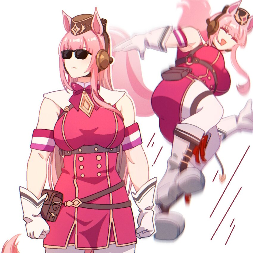 1girl animal_ears breasts brown_hat cosplay gloves gold_ship_(umamusume) gold_ship_(umamusume)_(cosplay) hat highres hololive hololive_english horse_ears horse_girl horse_tail hyurisaki incoming_kick large_breasts mori_calliope motion_blur motion_lines multiple_views pink_hair pink_shirt shirt sunglasses tail thigh_strap umamusume virtual_youtuber white_background white_gloves