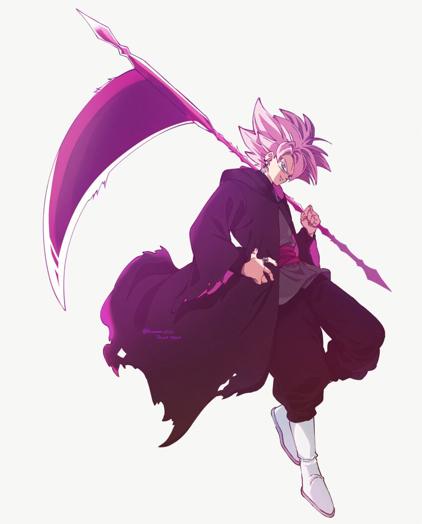 1boy black_coat black_pants black_shirt boots coat dougi dragon_ball dragon_ball_super earrings full_body goku_black grey_eyes grey_tunic highres holding holding_scythe hood hooded_coat jewelry komesan_0212 looking_at_viewer male_focus medium_hair pants pink_hair scythe shirt simple_background solo spiked_hair super_saiyan super_saiyan_rose tunic white_background white_boots
