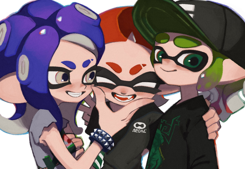 1boy 2girls baseball_cap black_hat blue_pupils bracelet breasts closed_eyes closed_mouth colored_tongue commentary_request eyebrow_cut fang green_eyes green_hair green_sleeves grey_shirt grin hand_on_another&#039;s_face hand_on_another&#039;s_shoulder hat highres inkling inkling_boy inkling_girl inkling_player_character jewelry ka1_(k4k37) layered_sleeves long_hair long_sleeves looking_at_another medium_hair multiple_girls nintendo octoling octoling_girl octoling_player_character open_mouth orange_hair orange_tongue pointy_ears print_shirt purple_hair shirt short_over_long_sleeves short_sleeves sidelocks simple_background smile splatoon_(series) striped_sleeves studded_bracelet suction_cups tentacle_hair thick_eyebrows torn_clothes torn_sleeves upper_body white_background yellow_eyes