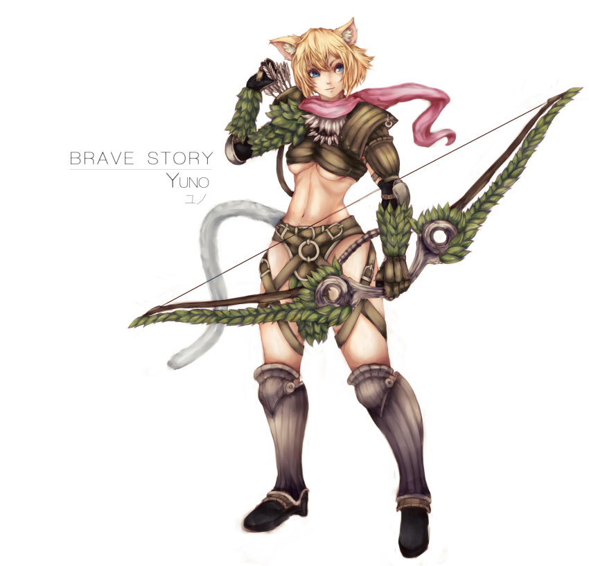 1girl absurdres animal_ears armor arrow_(projectile) blonde_hair blue_eyes bob_cut bow_(weapon) brave_story brave_story:_aratanaru_tabibito breasts cat_ears cat_girl cat_tail character_name copyright_name elbow_pads female_focus gloves greaves highres md5_mismatch medium_breasts olegna_zueqram quiver scarf shoulder_pads simple_background solo standing tail underboob weapon white_background yuno_(brave_story)