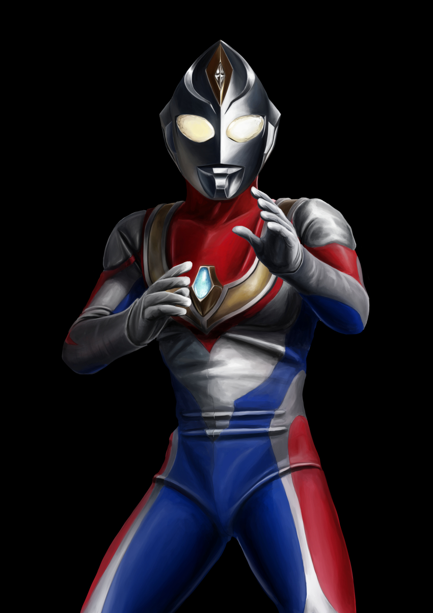 1boy absurdres alien armor black_background blue_skin breastplate color_timer colored_skin commentary compound_eyes cowboy_shot dorsal_fin fighting_stance flash_type_(ultra_series) forehead_jewel gattyo glowing glowing_eyes hands_up highres legs_apart looking_at_viewer male_focus multicolored_skin muscular muscular_male open_hands red_skin silver_skin simple_background solo tokusatsu ultra_series ultraman_dyna ultraman_dyna_(flash_type) ultraman_dyna_(series) wrinkled_skin yellow_eyes