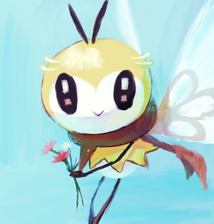 :&gt; aqua_background bishamon_(usagi_ba) black_eyes brown_scarf closed_mouth commentary_request flower flying game_freak gen_7_pokemon highres holding holding_flower looking_at_viewer nintendo no_humans pink_flower pokemon pokemon_(creature) pokemon_focus ribombee scarf sketch smile solo