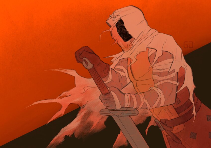 1boy armor arms_up bandaged_arm bandages belt breastplate brown_belt capelet darkest_dungeon faceless faceless_male gloves gwahaeyo highres holding holding_sword holding_weapon hood hood_up hooded_capelet leather_armor leper_(darkest_dungeon) male_focus profile red_theme signature single_glove solo sword torn_clothes upper_body weapon white_capelet