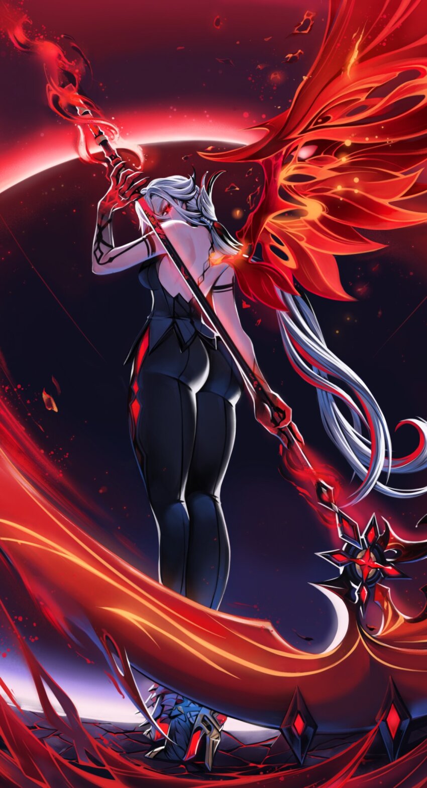 1girl arlecchino_(genshin_impact) ass backless_bodysuit black_bodysuit black_eyes black_hair black_hands bodysuit breasts colored_extremities commentary dark_background fiery_wings fire genshin_impact glowing glowing_eye grey_hair high_heels highres holding holding_scythe large_breasts long_hair looking_at_viewer looking_back lunart multicolored_hair red_pupils revision scythe single_wing solo standing streaked_hair very_long_hair wings