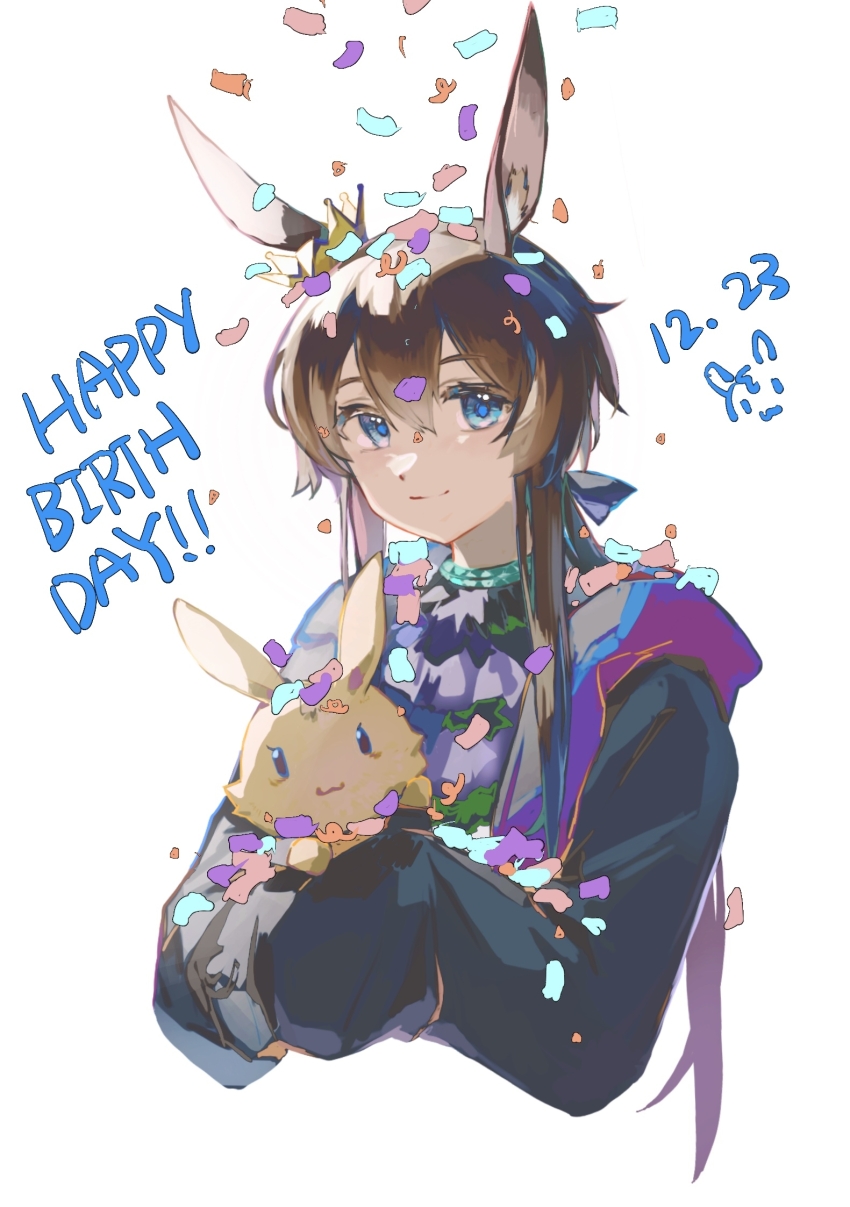 1girl amiya_(arknights) animal_ears aqua_collar arknights black_jacket blue_eyes brown_hair chinese_commentary closed_mouth collar commentary_request confetti cropped_torso hair_between_eyes happy_birthday highres holding holding_stuffed_toy jacket long_hair looking_at_viewer painine sidelocks simple_background smile solo split_mouth stuffed_animal stuffed_toy white_background