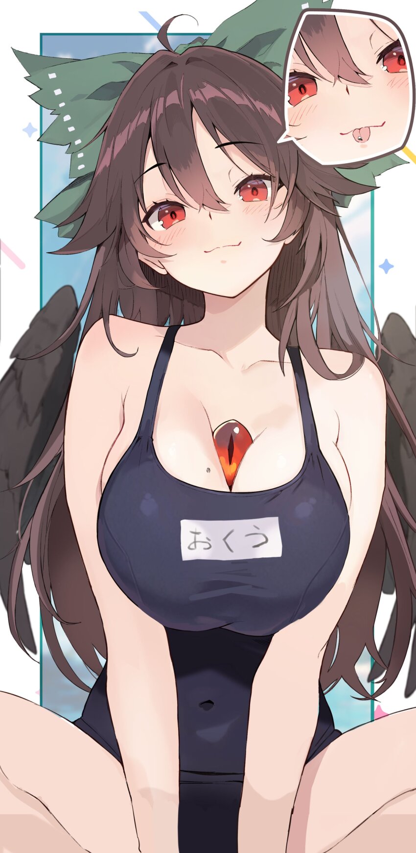 1girl :p absurdres black_one-piece_swimsuit breasts brown_hair cleavage closed_mouth highres large_breasts long_hair looking_at_viewer one-piece_swimsuit red_eyes reiuji_utsuho school_swimsuit smile solo swimsuit tetsurou_(fe+) tongue tongue_out touhou
