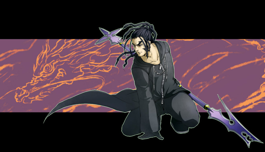 1boy black_coat_(kingdom_hearts) black_hair cloak doyamatsu dragon gloves kingdom_hearts long_hair male_focus polearm ponytail purple_hair sideburns solo spear weapon xaldin
