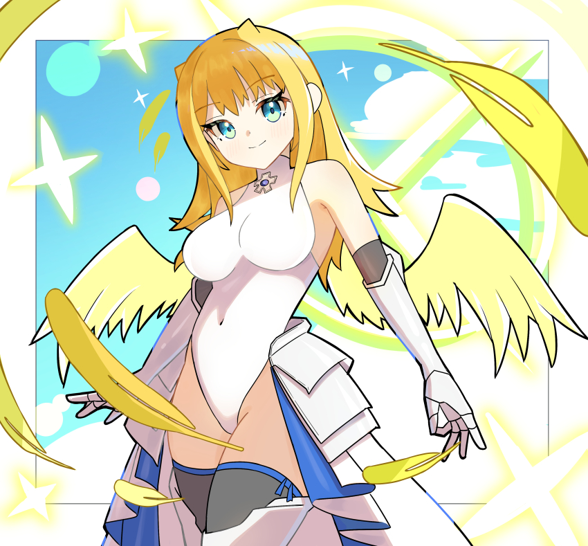 1girl absurdres angel_wings armor armored_skirt armpits artist_request black_gloves black_thighhighs blonde_hair blue_eyes blush breasts brown_dust_(series) brown_dust_2 closed_mouth covered_navel demon_horns eyebrows_hidden_by_hair falling_feathers feathers gauntlets gloves greaves halo highres horns justia_(brown_dust) justia_(reclaimed_destiny)_(brown_dust) large_breasts leotard long_hair looking_at_viewer non-web_source small_horns smile solo sparkle thighhighs white_leotard wings