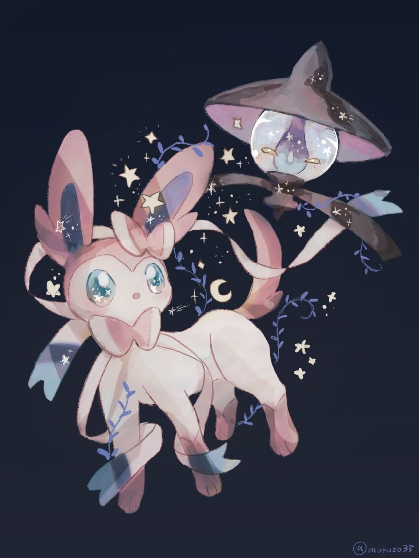 blue_background blue_eyes blush commentary_request crescent gen_5_pokemon gen_6_pokemon highres lampent mukuzo53 nintendo no_humans open_mouth pokemon pokemon_(creature) simple_background star_(symbol) sylveon twitter_username
