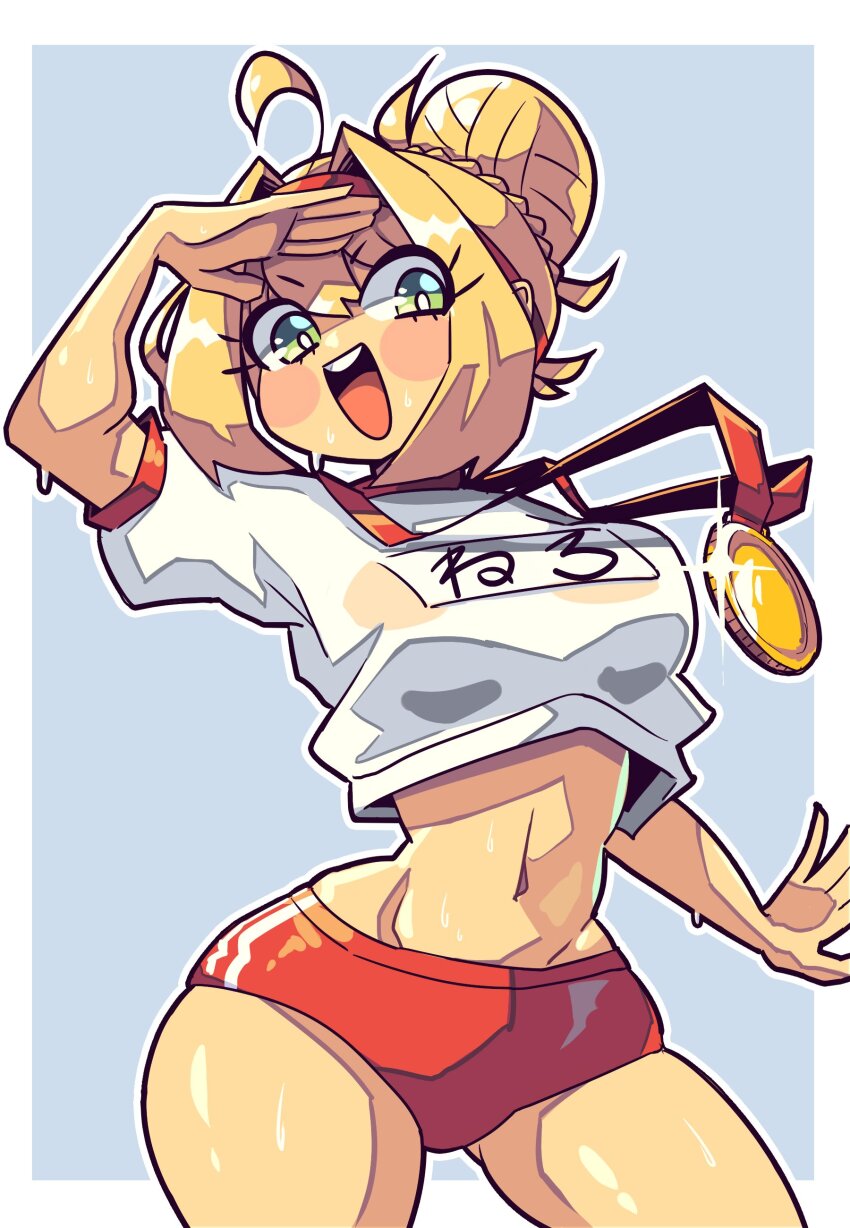1girl absurdres ahoge blonde_hair blue_background border buruma commentary daigada english_commentary eyelashes fate/grand_order fate_(series) green_eyes hair_bun hand_up highres medal name_tag navel nero_claudius_(fate) open_mouth shading_eyes shirt sidelocks simple_background smile solo sportswear stomach sweat sweaty_clothes t-shirt thick_thighs thighs turning_head white_border wide_hips