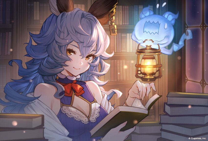 1girl animal_ear_piercing animal_ears bare_shoulders blue_hair book brown_eyes cleavage_cutout clothing_cutout crossed_bangs erune ferry_(granblue_fantasy) granblue_fantasy hair_between_eyes holding holding_book long_hair looking_at_viewer official_art second-party_source smile