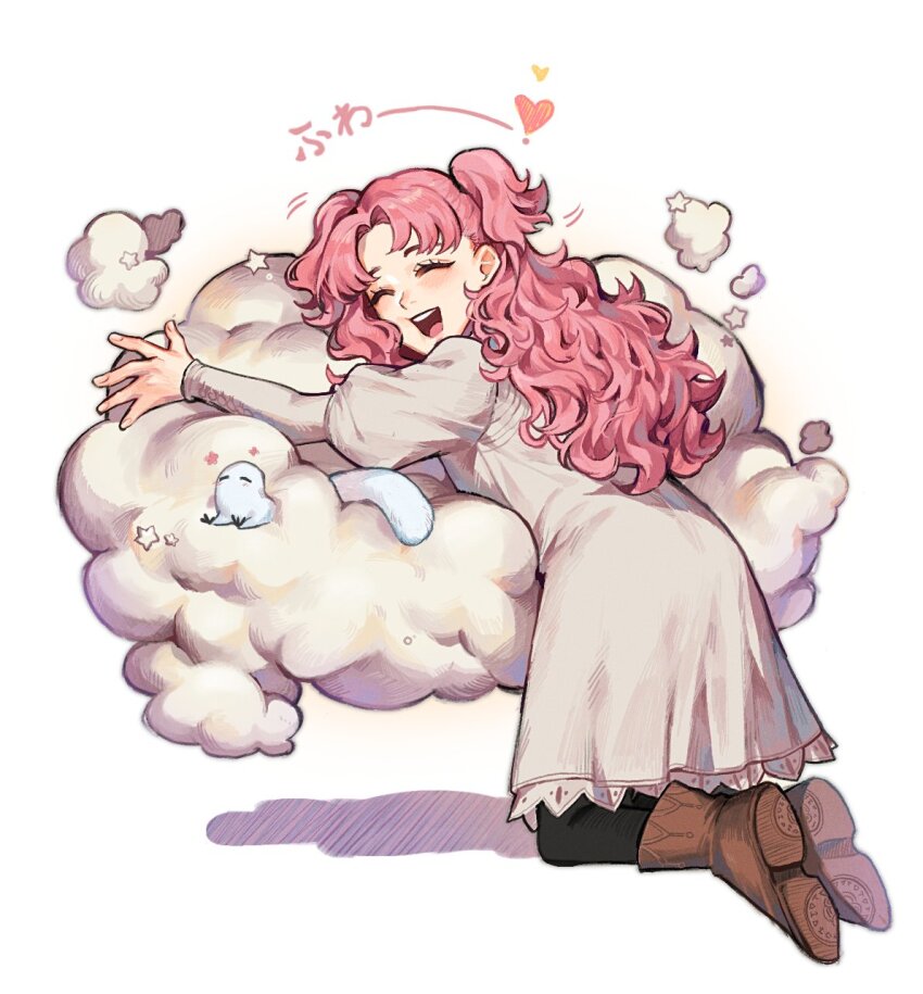 1girl ass blush boots brown_shoes brushbuddy closed_eyes cloud dress fingernails happy heart highres long_hair lying open_mouth pantyhose pink_hair shadow shoes sigil solo teeth tetia_(tongari_boushi_no_atelier) tongari_boushi_no_atelier translated twintails upper_teeth_only youre_uru