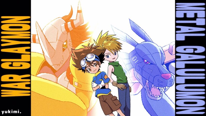 2boys artist_name bare_shoulders black_border blonde_hair blue_eyes blue_pants blue_shirt border brown_eyes brown_gloves brown_hair brown_shorts character_name crossed_arms cyborg digimon digimon_(creature) digimon_adventure dragon gloves green_shirt ishida_yamato male_focus medium_hair metalgarurumon multiple_boys pants shirt short_hair shorts simple_background sleeveless sleeveless_shirt wargreymon white_background white_gloves wolf yagami_taichi yukimi_(kurumi-no-naruki)