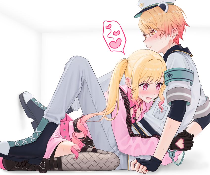 1boy 1girl 2_(tsvf3235) @_@ ankle_boots aqua_armband armband belt black_belt black_footwear black_gloves blonde_hair blush boots brother_and_sister chain clothing_cutout commentary_request detached_collar dress fingerless_gloves fishnet_thighhighs fishnets full_body glove_cutout gloves gradient_hair grey_pants hair_between_eyes hat heart heart_cutout hug implied_incest korean_commentary long_hair long_sleeves multicolored_hair necktie open_mouth orange_eyes orange_hair pants parted_lips pink_belt pink_dress pink_eyes pink_hair pink_necktie project_sekai puffy_long_sleeves puffy_sleeves ringlets shirt short_hair short_sleeves siblings side_ponytail simple_background sitting smile spoken_heart stuck_in_a_box sweat tenma_saki tenma_tsukasa thighhighs three_quarter_profile tongue white_hat white_shirt
