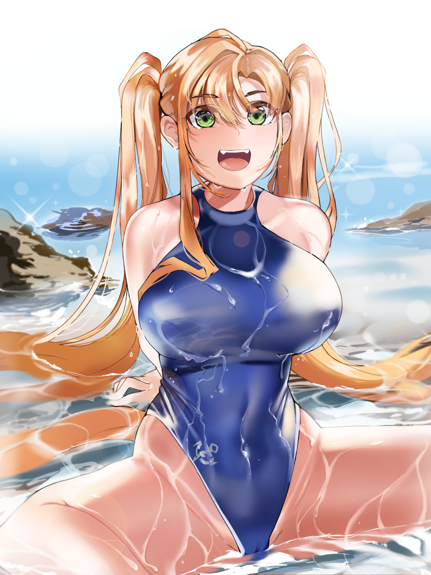 1girl :d arm_support blue_one-piece_swimsuit blush breasts cameltoe collarbone competition_swimsuit covered_navel eyes_visible_through_hair green_eyes highleg highleg_one-piece_swimsuit highres large_breasts last_origin long_hair looking_at_viewer nereid_(last_origin) ocean one-piece_swimsuit open_mouth orange_hair parted_bangs raigyo_(mk48torpedo) reflection sitting smile solo spread_legs swimsuit twintails very_long_hair wet