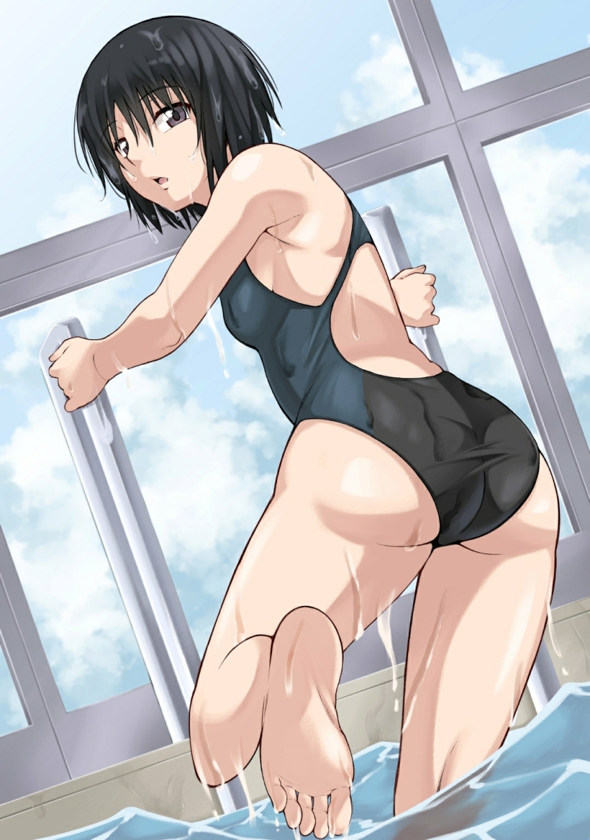 1girl amagami ass black_eyes black_hair black_one-piece_swimsuit climbing_ladder competition_swimsuit feet highres indoors jishaku_(user_rcuz2843) looking_at_viewer looking_back nanasaki_ai one-piece_swimsuit open_mouth pool pool_ladder racerback short_hair soles solo swimsuit two-tone_one-piece_swimsuit two-tone_swimsuit water wet wet_clothes wet_hair wet_swimsuit window