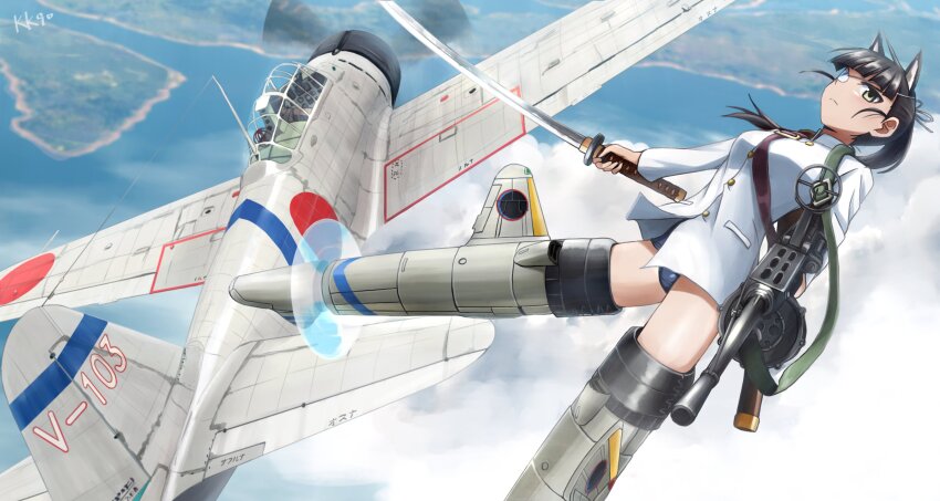 1girl a6m_zero absurdres aircraft airplane animal_ears asymmetrical_dual_wielding black_hair cat_ears cat_girl cloud cloudy_sky dual_wielding eyepatch highres holding jacket katana kk90 landscape military_uniform military_vehicle propeller_fighter roundel sakamoto_mio sky solo strike_witches striker_unit swimsuit swimsuit_under_clothes sword thighs type_92_(light_machine_gun) weapon white_jacket world_witches_series