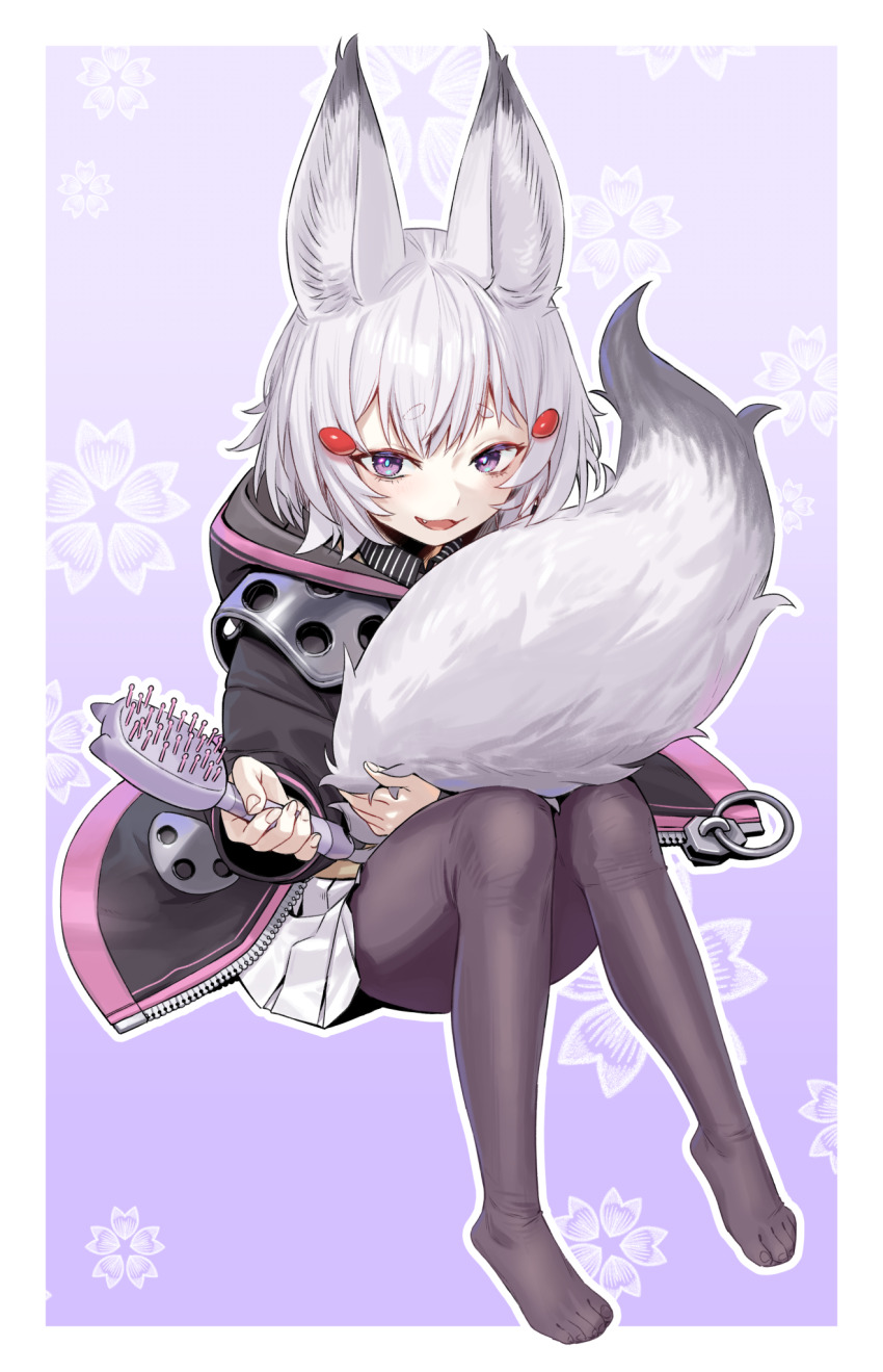 1girl agemmata animal_ear_fluff animal_ears black_jacket black_pantyhose border commentary english_commentary fang feet fox_ears fox_girl fox_tail full_body grey_hair grey_tail hair_ornament highres holding holding_brush jacket knees_together_feet_apart knees_up looking_at_viewer miniskirt no_shoes open_clothes open_jacket open_mouth outline pantyhose phase_connect pleated_skirt purple_background purple_eyes revision short_eyebrows sitting skirt solo tail tenma_maemi toenails toes unzipped virtual_youtuber white_border white_outline white_skirt