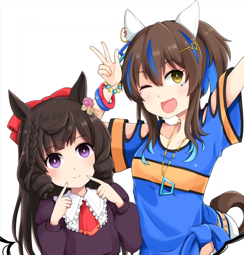 2girls animal_ears black_hair bow breasts collarbone daiichi_ruby_(umamusume) daitaku_helios_(umamusume) drill_hair ear_covers ear_ornament ear_piercing fang hair_bow hair_ornament hairclip horse_ears horse_tail jewelry long_hair medium_breasts multiple_girls necklace okitarou_(okiyo) one_eye_closed piercing pointing pointing_at_self purple_eyes shorts simple_background smile tail umamusume v white_background yellow_eyes
