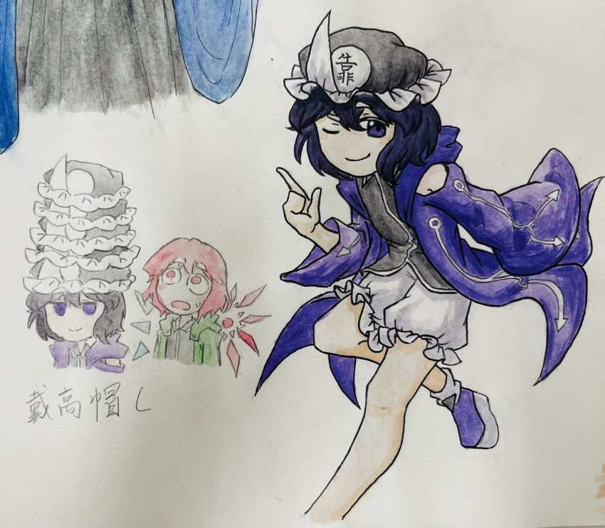 2others androgynous arrow_print asymmetrical_wings bare_legs black_hat black_shirt blue_wings boots chibi closed_mouth clothing_cutout coattails collared_shirt commentary_request cropped_legs cropped_torso crystal_wings detached_wings floating_clothes frilled_headwear frilled_shorts frills frown green_jacket hair_between_eyes hat highres hood hood_down hooded_jacket jacket knees leg_up len&#039;en letossa long_sleeves looking_at_object looking_at_viewer loose_socks mismatched_wings mob_cap multiple_others multiple_views one_eye_closed open_clothes open_jacket open_mouth other_focus photo_(medium) print_jacket puffy_shorts purple_boots purple_eyes purple_hair purple_jacket red_hair red_wings shirt shitodo_hooaka shitodo_kuroji short_hair shorts shoulder_cutout siblings single_bare_shoulder sleeveless sleeveless_shirt sleeves_past_fingers sleeves_past_wrists smirk smug snapping_fingers socks solid_oval_eyes surprised sweatdrop traditional_media triangular_headpiece white_shorts white_socks wide-eyed wide_sleeves wings