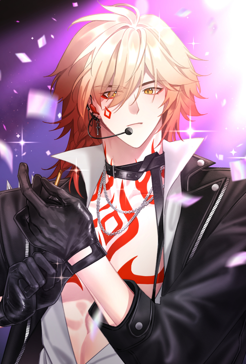1boy black_gloves black_jacket blonde_hair braid chest_tattoo commentary english_commentary facial_tattoo gloves gradient_hair highres honkai:_star_rail honkai_(series) jacket male_focus medium_hair mii_san023 multicolored_hair mydei_(honkai:_star_rail) open_clothes open_jacket partially_unbuttoned pectoral_cleavage pectorals red_hair red_tattoo shirt side_braid solo tattoo toned toned_male white_shirt yellow_eyes