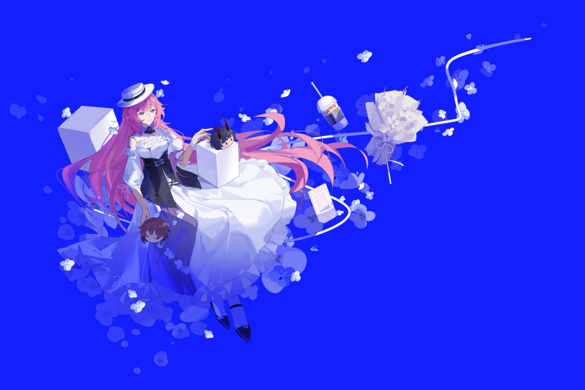 1girl absurdres blue_background blue_eyes bubble_tea cup disposable_cup dress eden_(honkai_impact) elysia_(honkai_impact) elysia_(sweet_memories)_(honkai_impact) hat highres honkai_(series) honkai_impact_3rd long_hair official_alternate_costume pink_hair raiden_mei situnainaisheng tilted_headwear white_dress white_hat