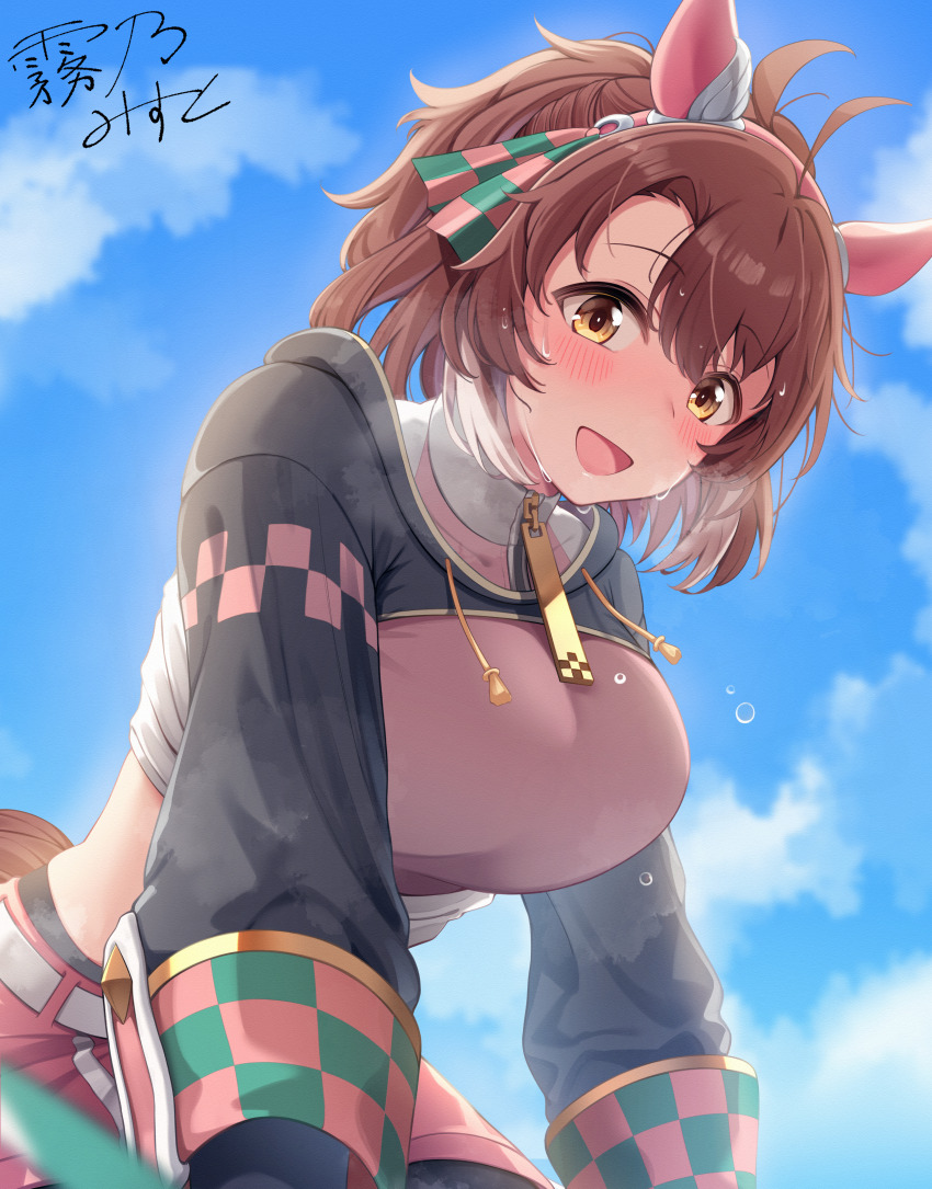 1girl absurdres animal_ears belt blush breasts brown_eyes brown_hair cloud collarbone commentary_request dantsu_flame_(umamusume) hair_between_eyes hair_ornament heisan777 highres horse_ears horse_girl horse_tail large_breasts long_hair shorts signature sky steaming_body sweatdrop tail umamusume