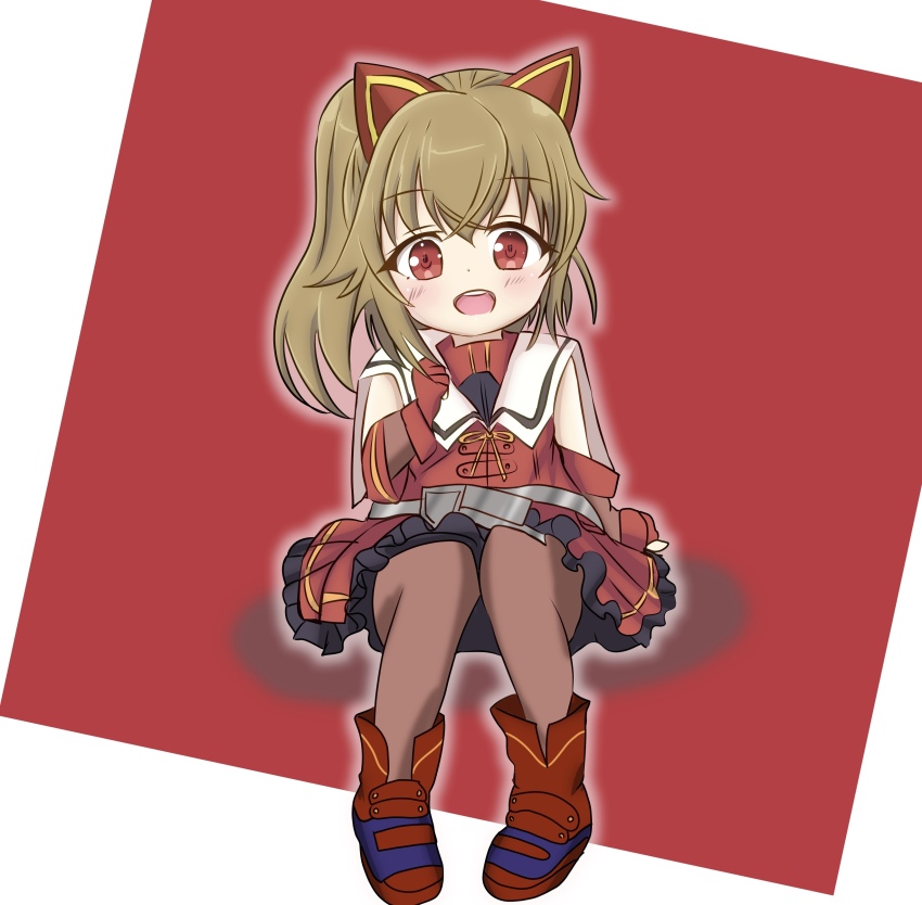 1girl :d absurdres aged_down animal_ears anklet arm_at_side assault_lily blush boots brown_gloves brown_hair brown_pantyhose cat_ears child commentary_request crossed_bangs ebisu_nobu elbow_gloves fake_animal_ears fingerless_gloves frilled_skirt frills full_body gloves hand_up high_ponytail highres invisible_chair jewelry kondou_misaka long_hair looking_at_viewer miniskirt neck_ribbon open_mouth pantyhose pleated_skirt ponytail rectangle red_background red_boots red_eyes red_gloves red_shirt red_skirt ribbon sailor_collar shirt sitting skirt sleeveless sleeveless_shirt smile solo two-tone_background two-tone_gloves white_background white_sailor_collar yellow_ribbon