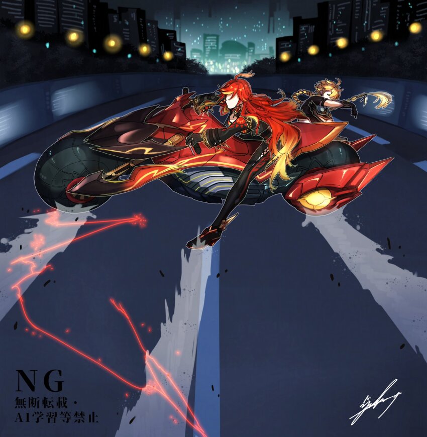 1boy 1girl aether_(genshin_impact) ahoge akira_slide blonde_hair braid drifting faceless faceless_female genshin_impact gloves hair_between_eyes highres highway long_hair long_sleeves mavuika_(genshin_impact) motor_vehicle motorcycle multicolored_hair on_motorcycle parody riding sliding solo sparks very_long_hair yuka_(pixiv38407039)