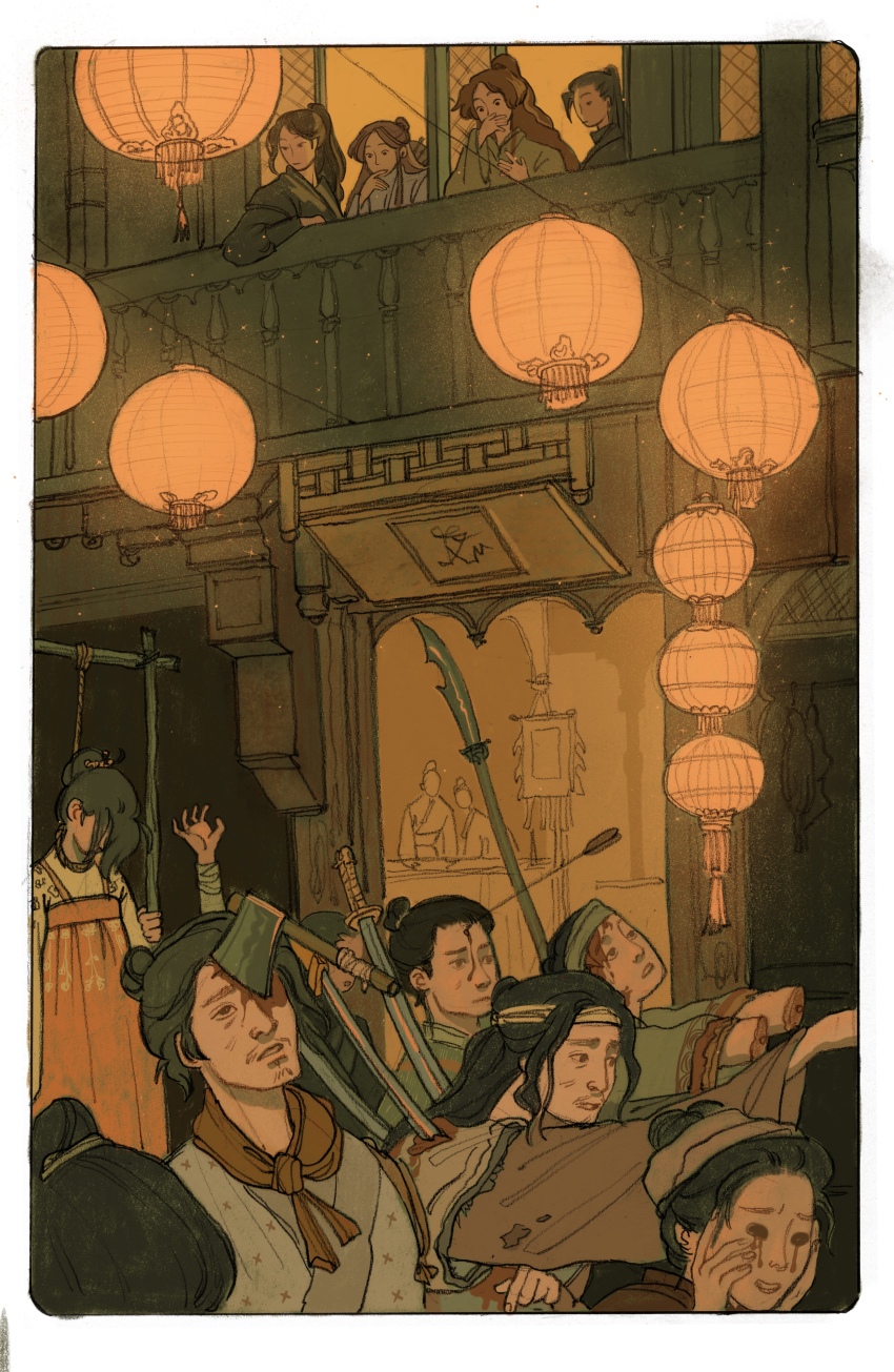 6+boys absurdres against_railing architecture arrow_(projectile) arrow_in_body arrow_in_head axe_in_head black_hair blood blood_on_face bloody_tears brown_hair chinese_clothes covering_own_mouth crowd east_asian_architecture hair_bun hand_over_own_mouth hanged hanging_lantern hat hat_on_back high_ponytail highres hua_cheng impaled lantern limited_palette looking_at_another looking_down male_focus ming_yi missing_eye multiple_boys object_through_head outdoors paper_lantern parade people ponytail railing rice_hat road san_lang severed_arm severed_limb shi_qingxuan single_hair_bun street tianguan_cifu violence warm_colored window xie_lian yaroslava_murashko