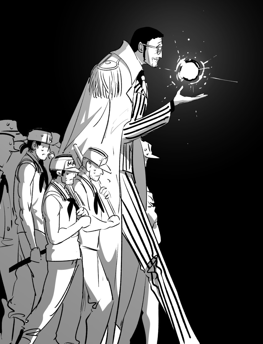 6+boys 6cheetah army black_hair borsalino_(kizaru) coat epaulettes facial_hair feet_out_of_frame greyscale height_difference highres long_legs long_sideburns male_focus marine_uniform_(one_piece) mature_male monochrome multiple_boys mustache_stubble one_piece photokinesis profile short_hair sideburns sketch sparse_stubble standing stubble sunglasses walking