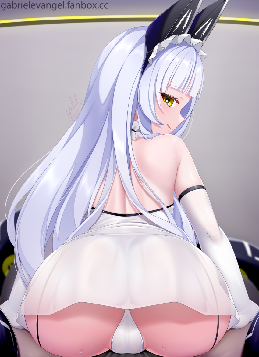 1girl :q animal_ear_headwear ass ass_focus azur_lane backless_dress backless_outfit bare_shoulders blush cameltoe dress fake_animal_ears from_behind gabriel_evangel garter_straps gloves half-closed_eyes highres leaning_forward licking_lips long_hair looking_at_viewer looking_back microdress observer_alpha_(azur_lane) panties rigging seductive_smile siren_(azur_lane) smile solo tentacles tongue tongue_out underwear very_long_hair white_dress white_gloves white_hair white_panties yellow_eyes