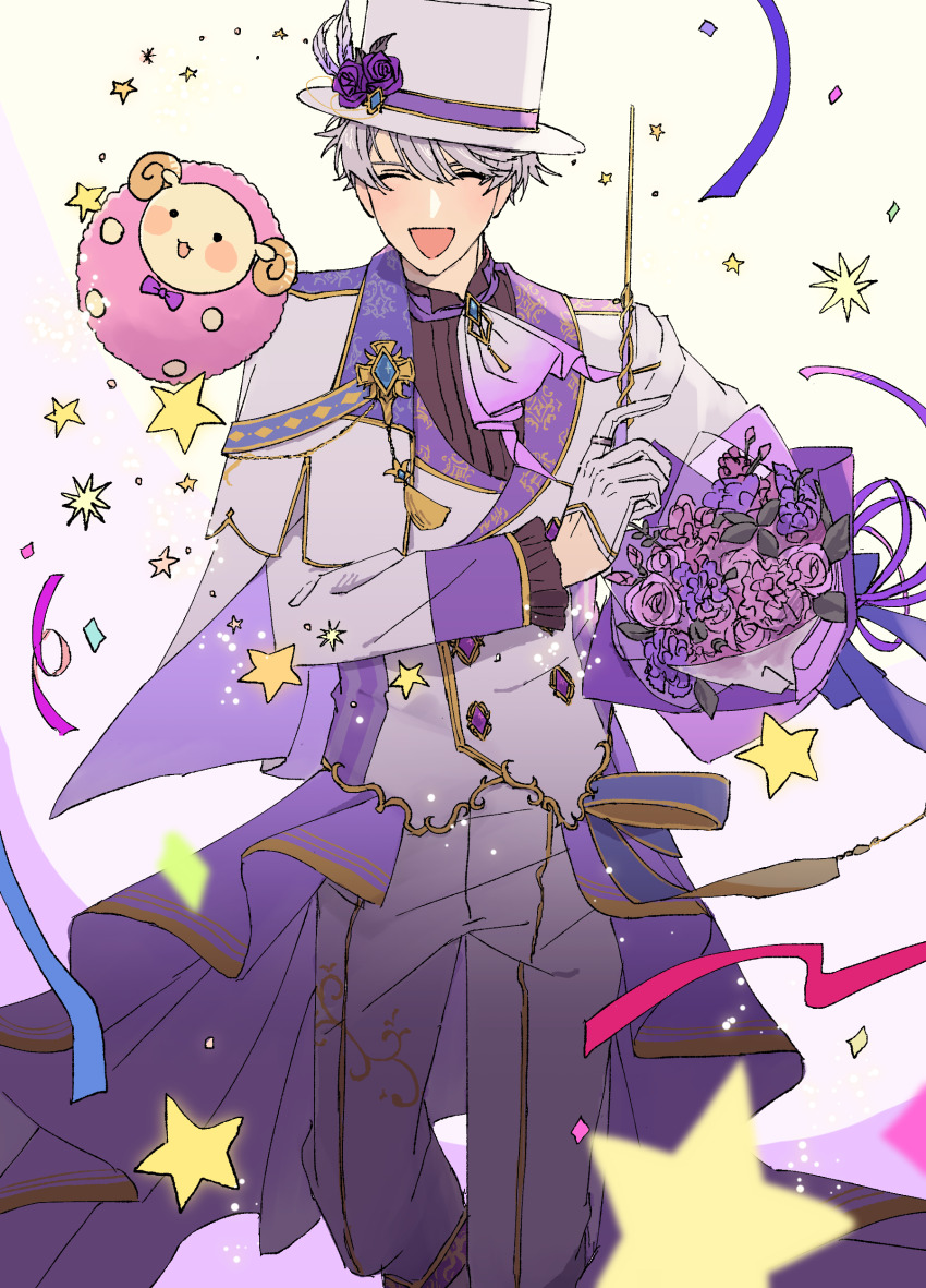 1boy :d ^_^ absurdres ascot blush boots bouquet buttons closed_eyes collared_capelet collared_shirt confetti costume_request curled_horns double-breasted dress_pants feet_out_of_frame flower flower_wrapper formal_clothes frilled_sleeves frills gloves gold_trim grin half_capelet half_gloves hat hat_feather hat_flower hat_ribbon highres holding holding_bouquet horns jacket jewelry knee_boots lapels magician male_focus mc_(obey_me!) obey_me!:_one_master_to_rule_them_all! open_mouth puppyyoshida purple_flower purple_rose ribbon ring rose shawl_lapels sheep shirt smile solomon_(obey_me!) sparkle star_(symbol) suit suit_jacket tassel top_hat two-tone_background wand white_background white_hair white_suit wispy_bangs