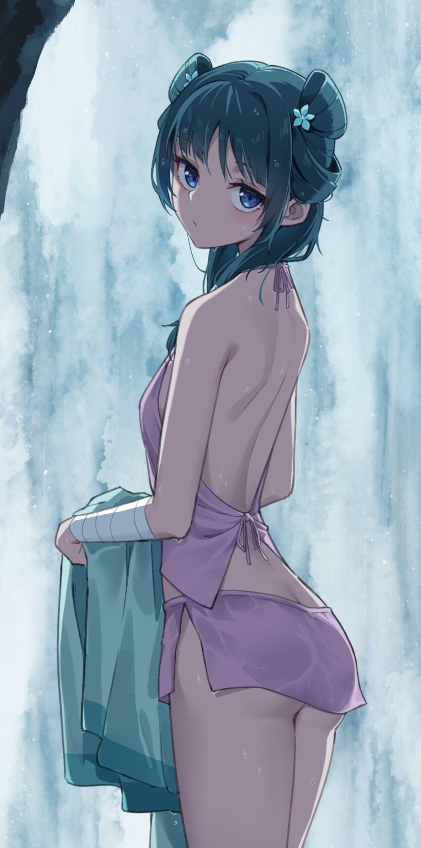 1girl absurdres ass backless_outfit bare_back blue_eyes chinese_clothes closed_mouth commentary expressionless flat_ass flower from_behind green_hair hair_bun hair_ornament highres holding holding_unworn_clothes kusuriya_no_hitorigoto long_hair looking_at_viewer maomao_(kusuriya_no_hitorigoto) profnote simple_background solo standing water waterfall wet