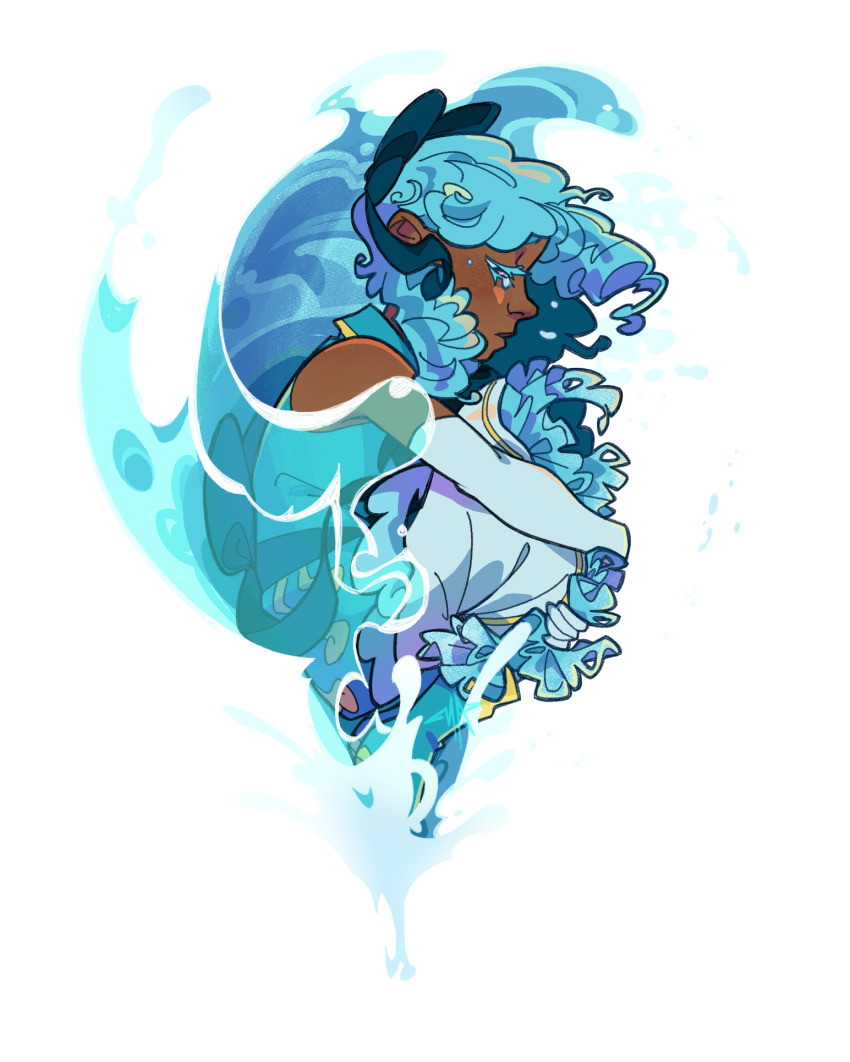 1girl blue_hair bow closed_eyes crying dark-skinned_female dark_skin elbow_gloves gloves hair_bow highres hypersp-ce magical_girl sad sleepless_domain solo transparent_background undine_wells uniform water white_gloves