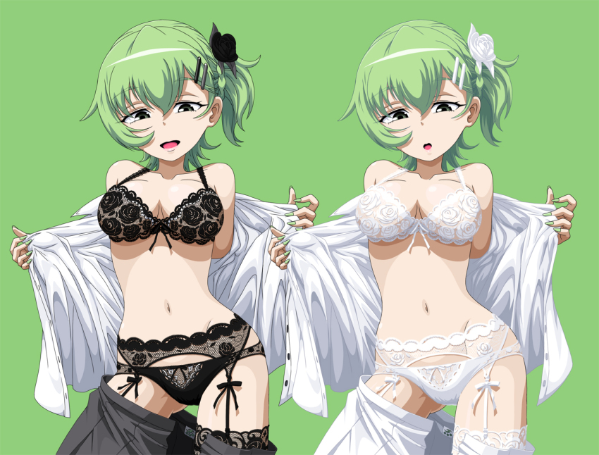 10s 2girls aoki_hagane_no_arpeggio bad_id bad_pixiv_id bra breasts cleavage dress_shirt dual_persona garter_belt garter_straps green_eyes green_hair kamo_3 looking_at_viewer multiple_girls nachi_(aoki_hagane_no_arpeggio) navel one_side_up open_clothes open_mouth panties shirt short_hair side_ponytail smile underwear undressing