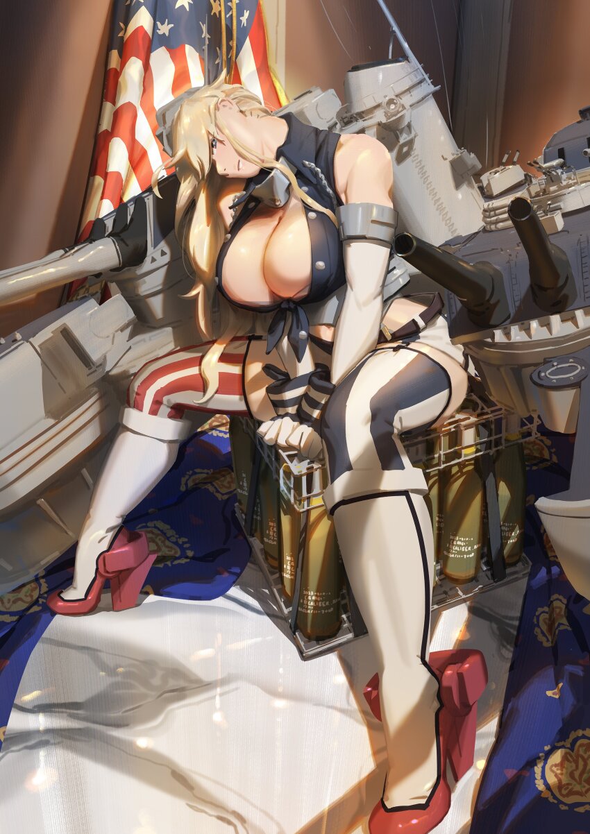 1girl absurdres american_flag ammunition anti-aircraft anti-aircraft_gun autocannon blonde_hair blue_eyes breasts cannon cleavage elbow_gloves fingerless_gloves gloves hair_between_eyes hat headgear highres iowa_(kancolle) kantai_collection large_breasts long_hair machinery marble_(stone) marble_floor open_mouth rigging ship_turret sitting skirt star-shaped_pupils star_(symbol) symbol-shaped_pupils thighhighs torpedo_launcher torpedo_tubes ye_fan