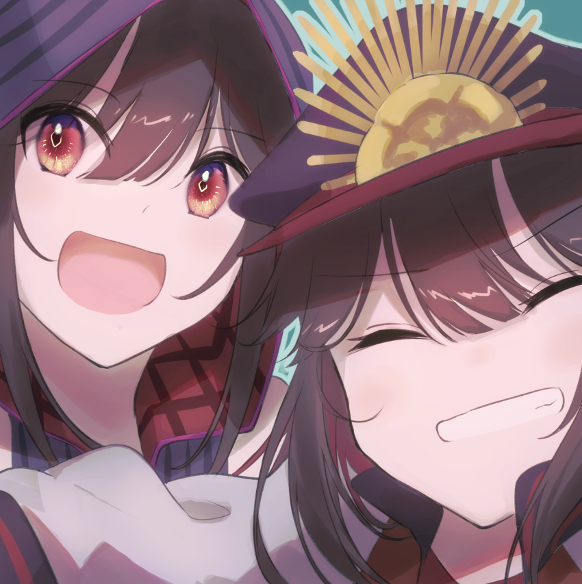 1boy 1girl :d brother_and_sister brown_hair center-flap_bangs close-up closed_eyes crest family_crest fate/grand_order fate_(series) green_background grin hair_between_eyes happy hat highres hood hood_up hoodie jacket letterman_jacket light_blush long_hair long_sleeves looking_at_viewer mipi oda_nobukatsu_(fate) oda_nobunaga_(fate) oda_nobunaga_(koha-ace) oda_uri open_mouth outline peaked_cap plaid_clothes red_eyes siblings sidelocks simple_background sleeveless sleeveless_hoodie smile striped_clothes striped_hoodie v-shaped_eyebrows white_outline