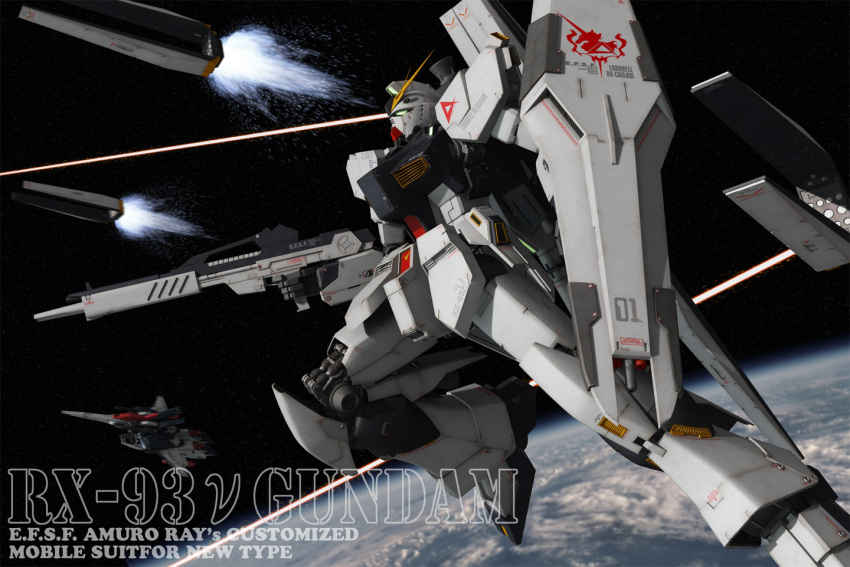 3d battle beam_cannon beam_rifle cable char&#039;s_counterattack character_name cloud commentary_request earth_(planet) energy_beam energy_gun english_text fin_funnels gundam in_orbit machinery mecha mecha_focus mobile_suit no_humans nu_gundam ocean photo_background planet realistic rgz-95 robot roundel science_fiction shield space spacecraft starfighter thrusters tomholy unicorn v-fin weapon zero_gravity