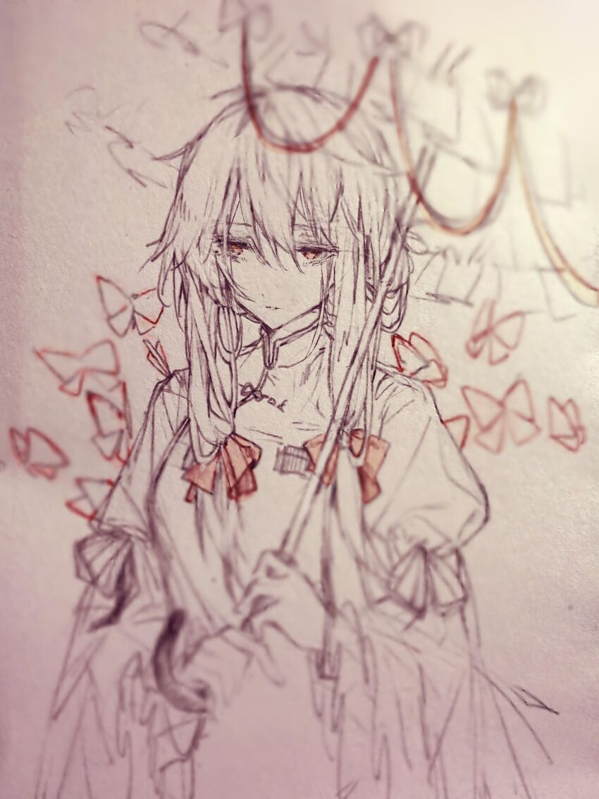 1girl absurdres bow bug butterfly hair_bow highres holding holding_umbrella insect long_hair parasol ribbon solo tabard touhou traditional_media umbrella upper_body yakumo_yukari zhixie_jiaobu