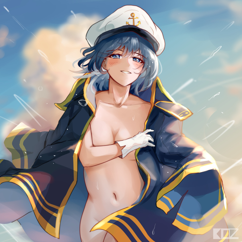 1girl absurdres anchor_symbol blue_coat blue_sky blush breasts cleavage cloud coat coat_on_shoulders commentary convenient_censoring cowboy_shot day edz_drawz english_commentary gloves gold_trim grey_eyes grey_hair grin hair_between_eyes hat highres looking_at_viewer medium_breasts murasa_minamitsu naked_coat navel outdoors peaked_cap sailor_hat short_hair sky smile solo sunken_fossil_world touhou white_gloves white_hat
