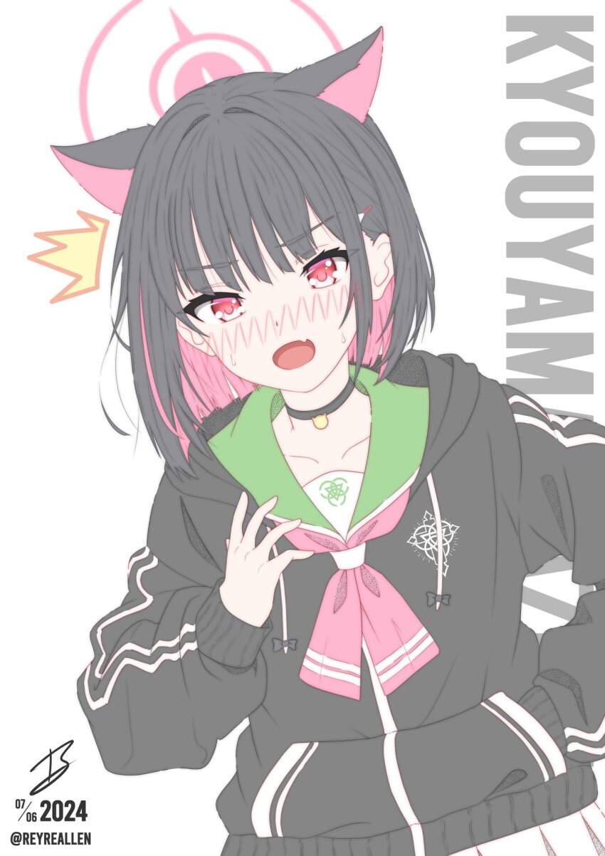1girl :o ^^^ animal_ears black_choker black_hair black_hoodie blue_archive blunt_ends blush bob_cut cat_choker cat_ears cat_girl character_name choker colored_inner_hair commentary_request dutch_angle embarrassed extra_ears eyelashes fang green_sailor_collar hair_behind_ear hair_ornament hairclip halo hand_in_pocket hand_up highres hood hood_down hoodie indonesian_commentary kazusa_(blue_archive) multicolored_hair neckerchief nose_blush open_mouth pink_hair pink_halo pink_neckerchief realen red_eyes sailor_collar school_uniform serafuku short_hair signature simple_background skin_fang sleeves_past_wrists solo straight_hair sweatdrop twitter_username two-tone_hair upper_body v-shaped_eyebrows white_background