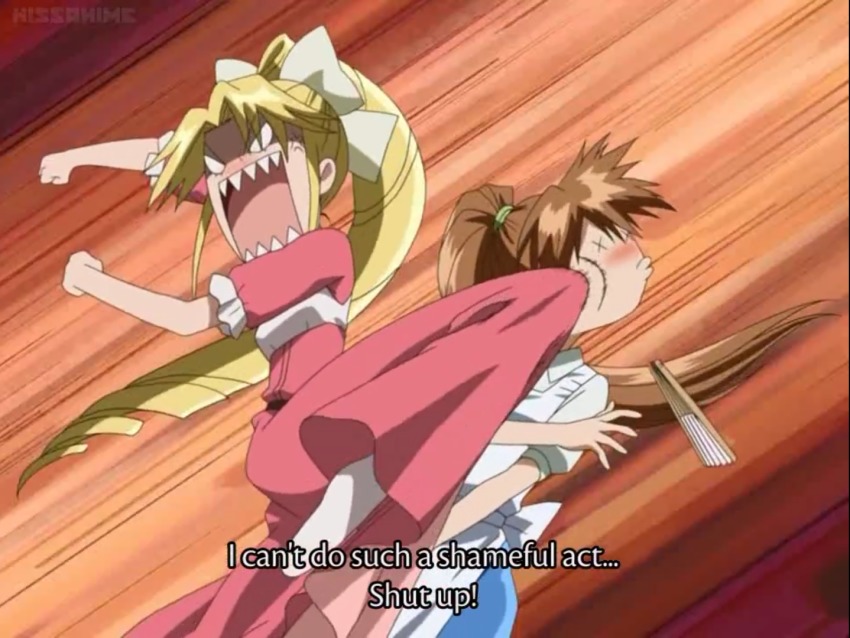 00s 2girls anime_screenshot blonde_hair bow brown_hair folding_fan hair_bow hand_fan kannazuki_megumi kneeing long_hair multiple_girls muteki_kanban_musume onimaru_miki sharp_teeth short_sleeves subtitled teeth white_bow x_x